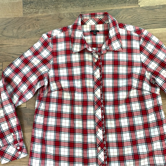 Talbots Red Plaid Button Ruffle Front Long Sleeve Dress Shirt Size XL - Picture 5 of 14